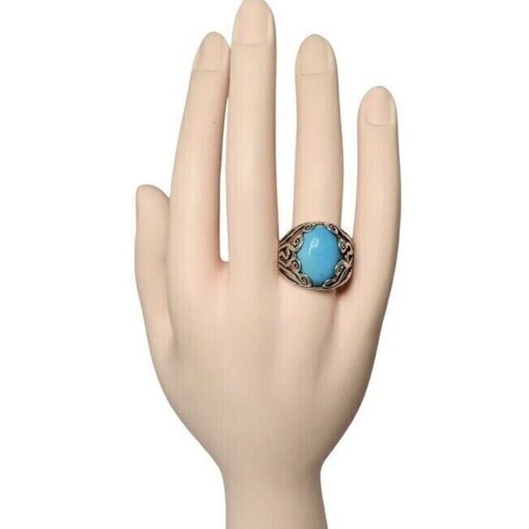 Blue Turquoise 925 Sterling Silver Ring Size 10 Firoza Israel Cabochon - Picture 7 of 16
